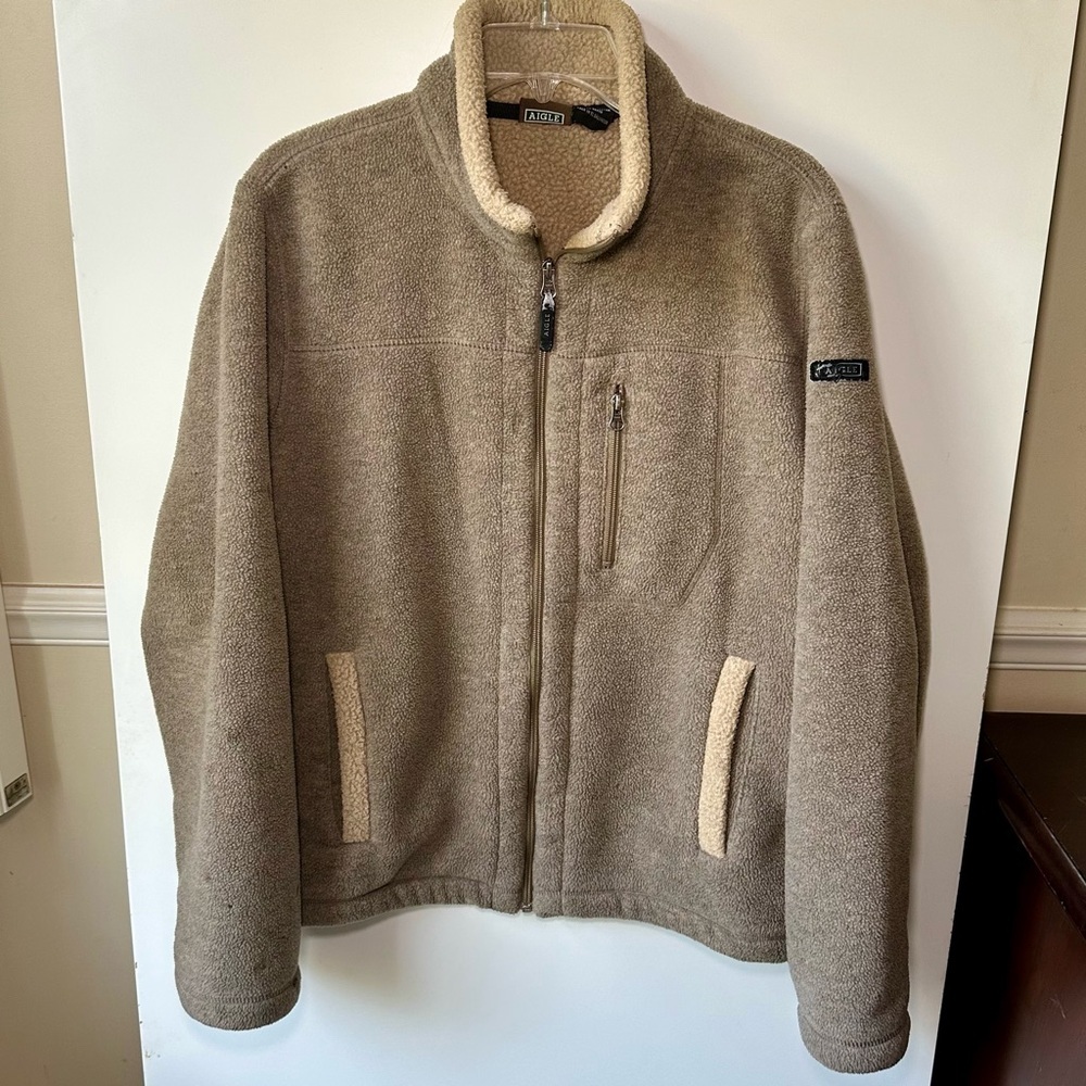AIGLE POLARTEC Brown Warm Fleece Zip Up Jacket & Pockets Men's M Hiking Camping